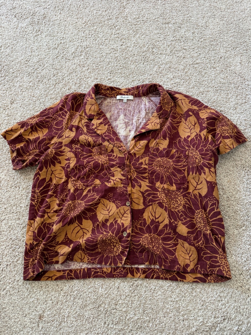 Madewell Size L Sunflower Print Button-Front Camp Top in Burgundy & Mustard